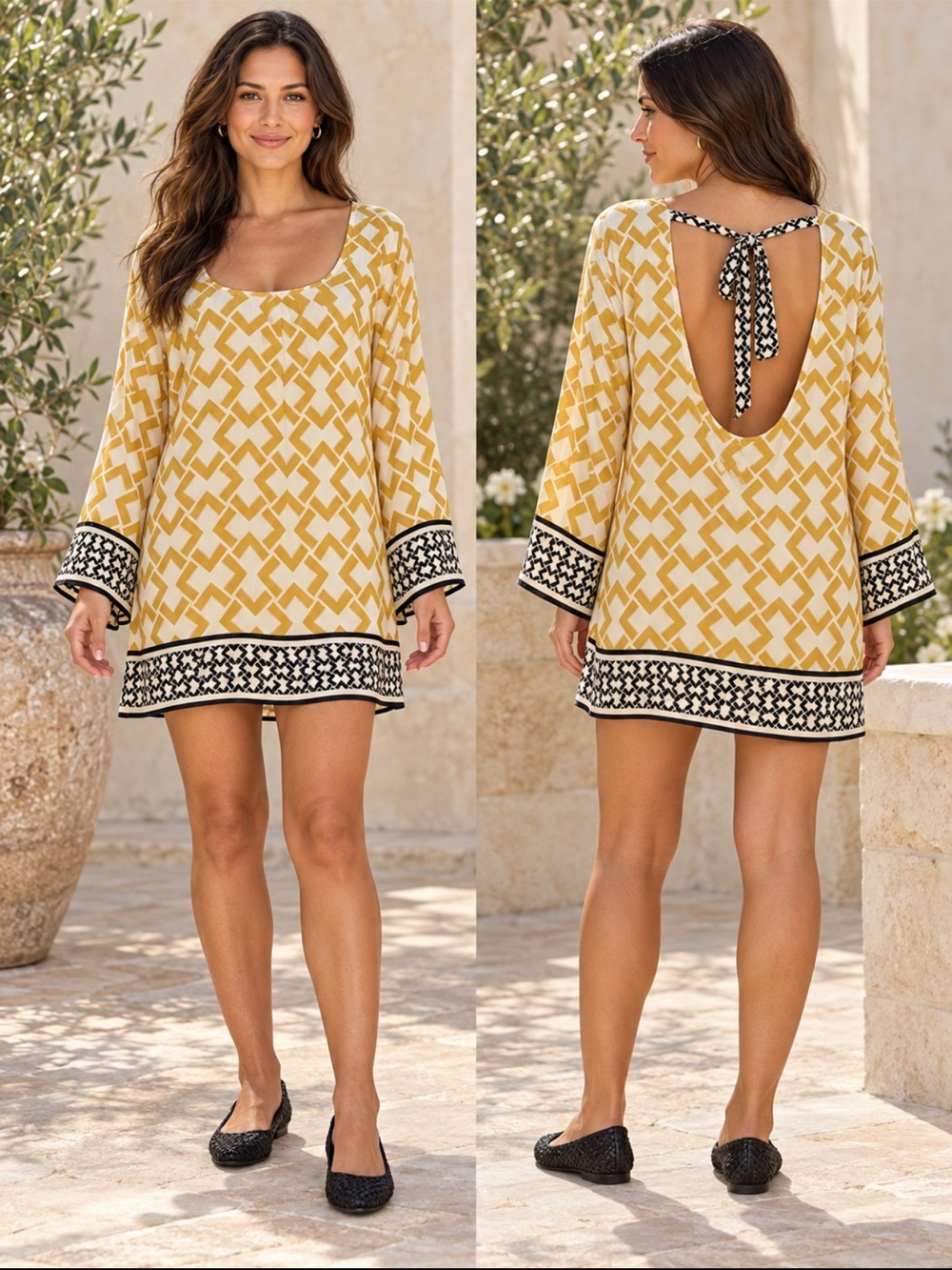 Anthropologie Bel Kazan Yellow Geometric Open Back Tunic Dress M/L NWT